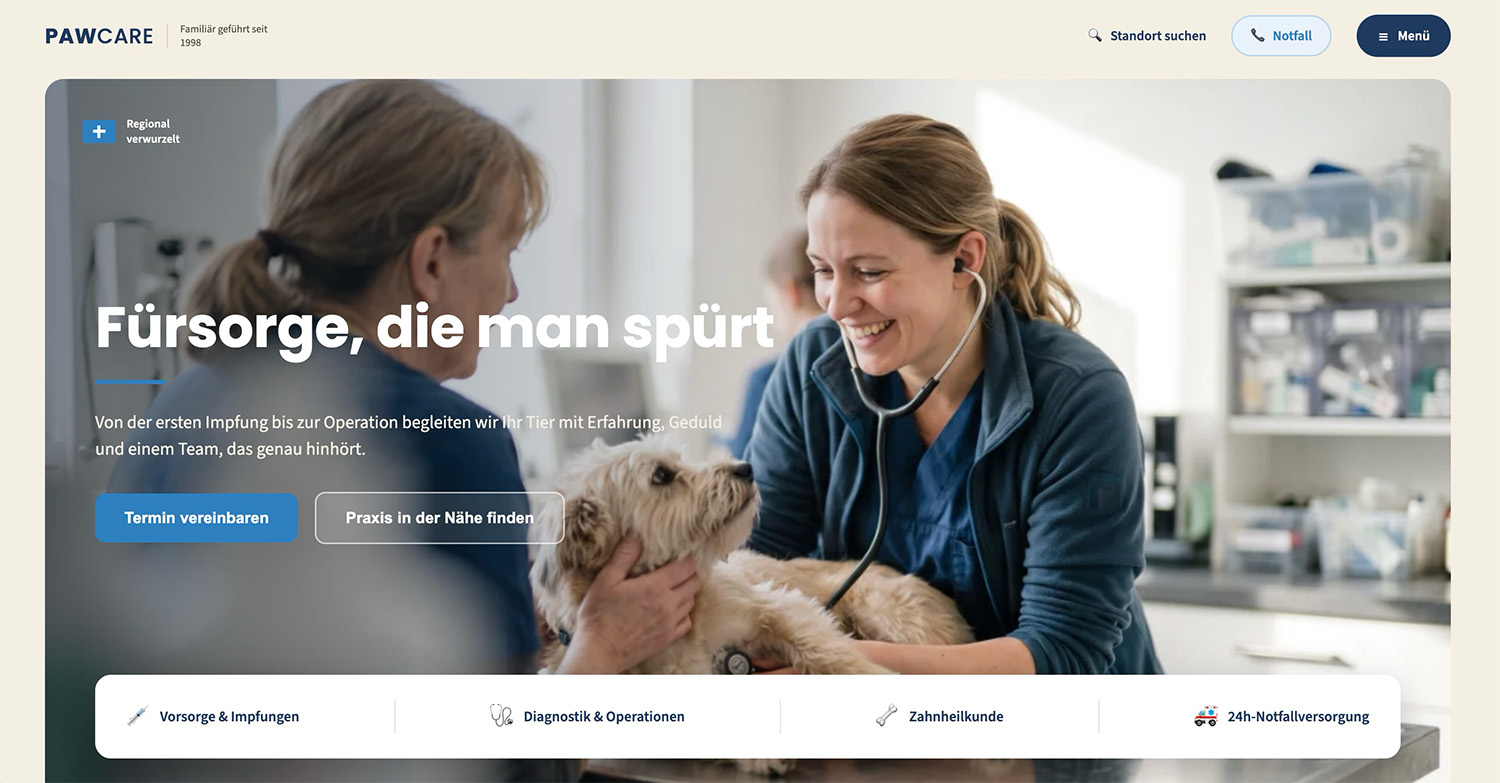 Startseite der Pawcare Tierarztpraxis